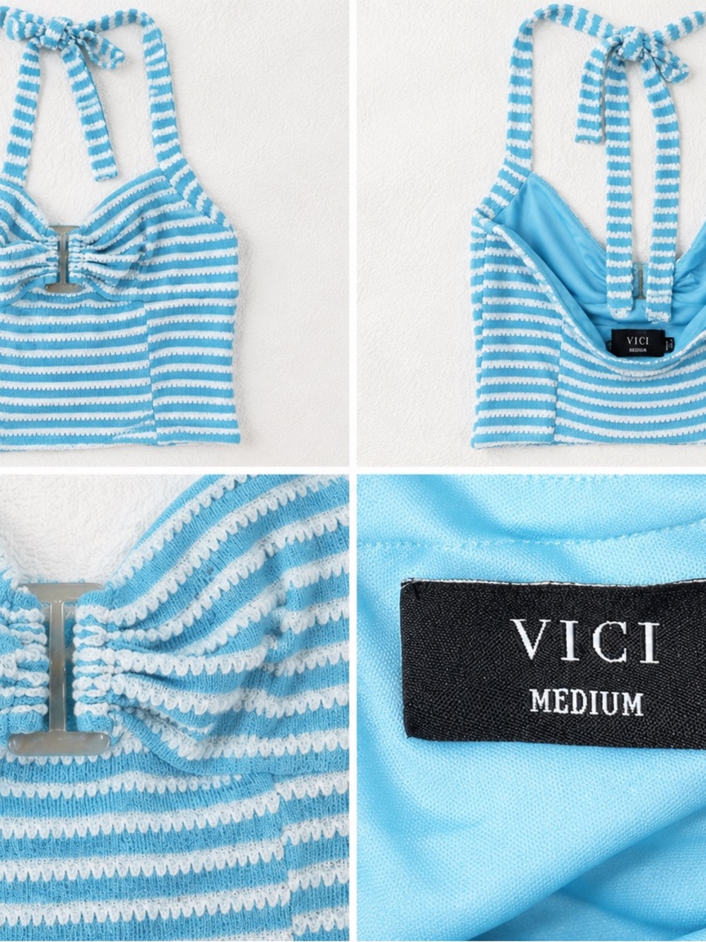 VICI Blue & White Striped Halter Tie Crop Top